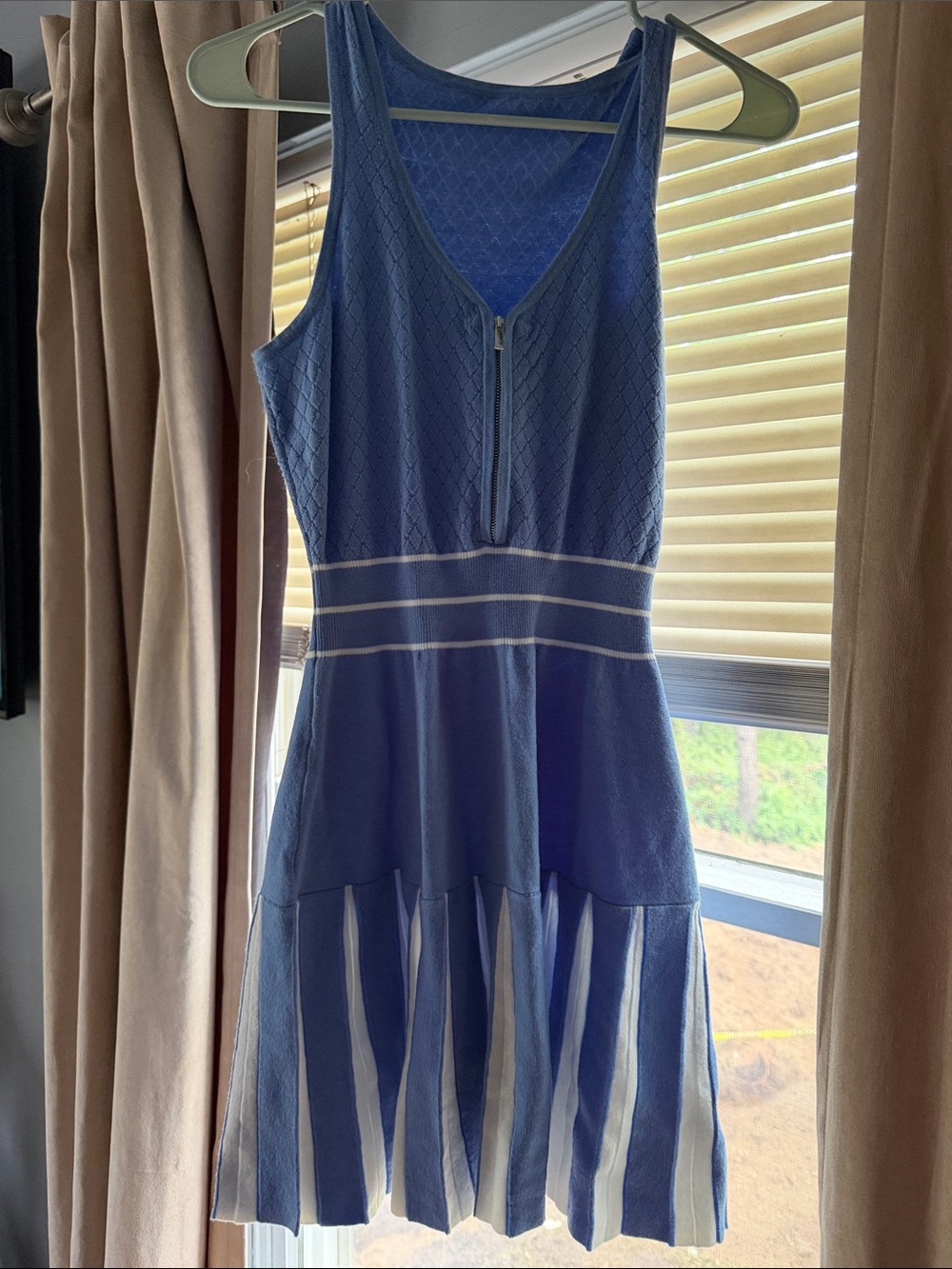 Sleeveless Blue Knit Mini Dress with Front Zip and Stripe Waist